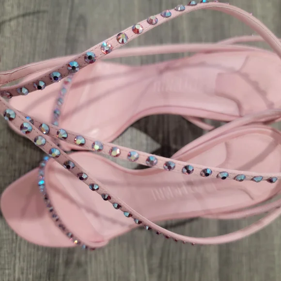 Piferi Satin Vegan Leather Ankle Wrap Stylish Pink Rhinestone Heels Size 37 Or 7 - Picture 10 of 14